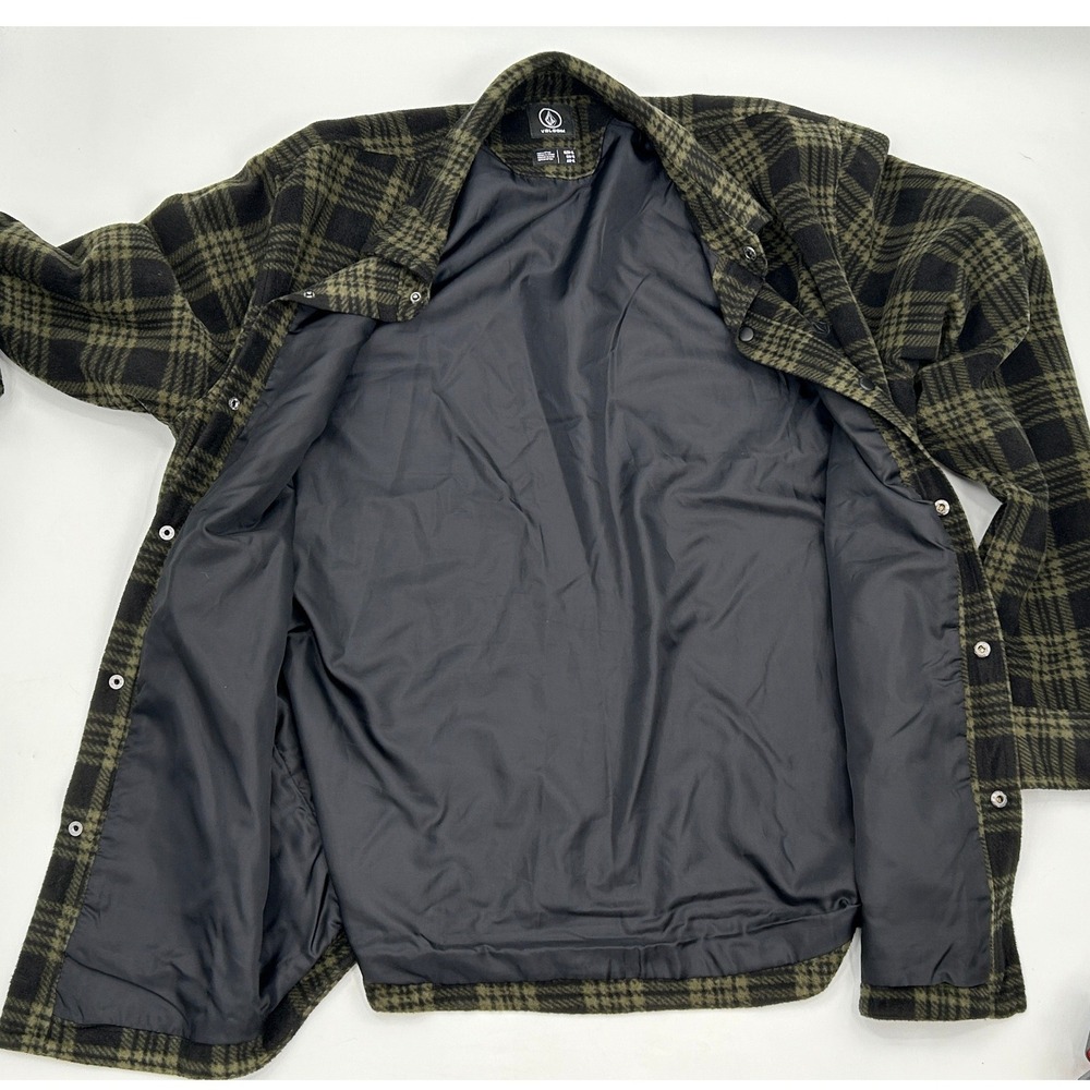 Volcom Mens XL Plaid Fleece Shirt Jacket Olive Green Black Snap Front A1602002 - Picture 4 of 10